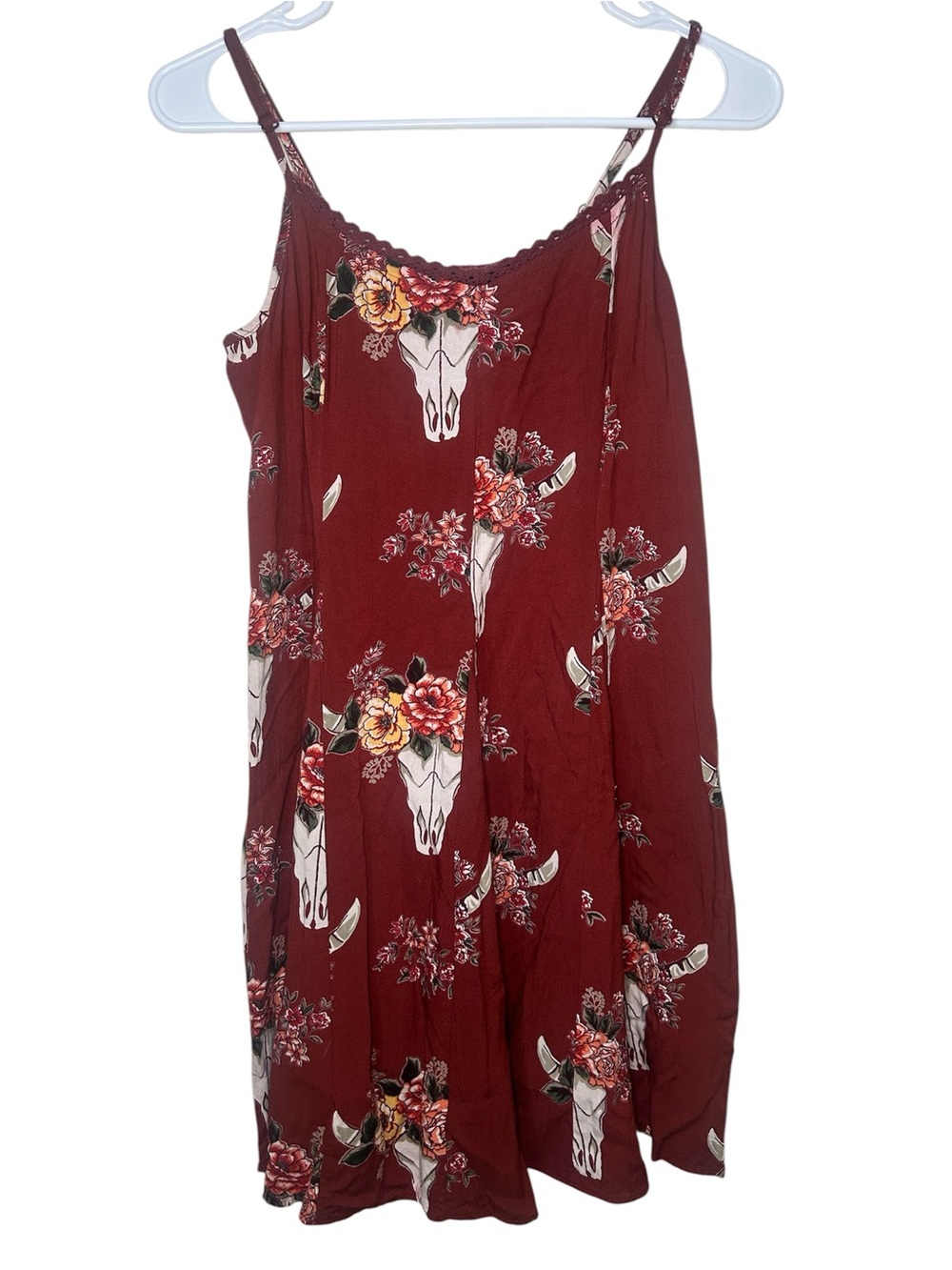 Angie Medium Bull Burgundy Floral Skull Sun Dress Rodeo Country Westen Chic